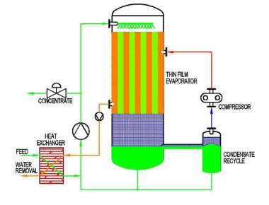 Flow diagram: feed conditioning → tubular heater (forced circulation) → MVR compression → condensate polishing → concentrate handling